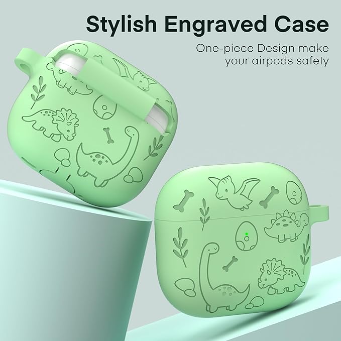 Maxjoy for AirPods 4 Case, Engraved Silicone Cute AirPod 4 Case for Women Men Protective iPod 4 Cover with Keychain Cleaning Kit for AirPod 4th Generation Cover 2024, Dinosaur Matcha