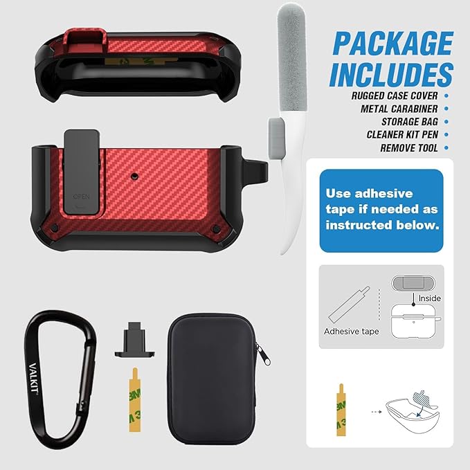 Valkit Compatible Airpods Pro Case with Lock Clip, Carbon Fiber Texture Air Pod Pro Case Cover with Keychain for Men Women Cool AirPod Pro Shockproof Protective Case for AirPods Pro 2019, Black/Red