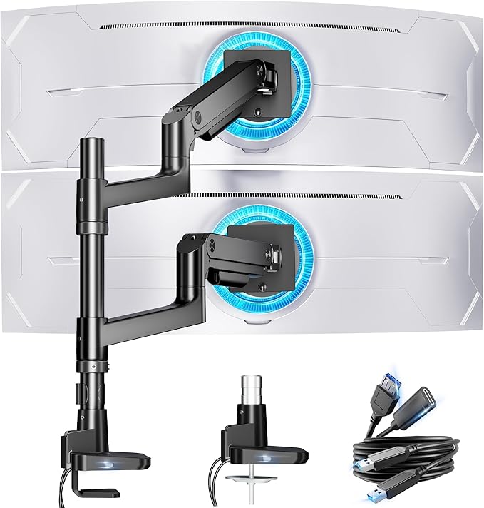 ARES WING Dual Monitor Stand for Ultrawide Heavy Duty Curved Monitor Stacking, Fits 17-49 Inch, Vertical Gas Spring Double Monitor Mount with USB, Adjustable Dual Monitor Mount for Desk, Black