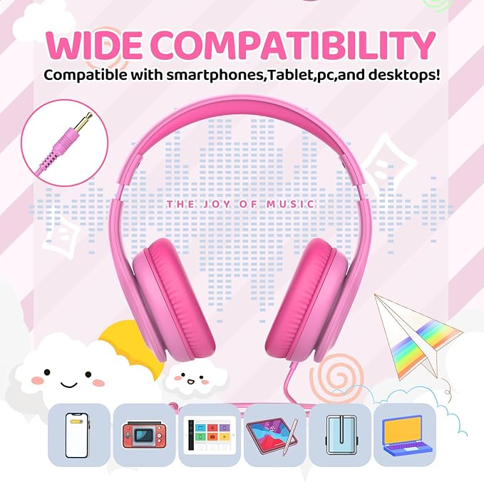 Wired Headphones for Kids, 85dB Volume Limit, 3.5mm Kids Headphones with Cord, Adjustable, Stereo Sound Foldable Toddler headsets for School-Pink