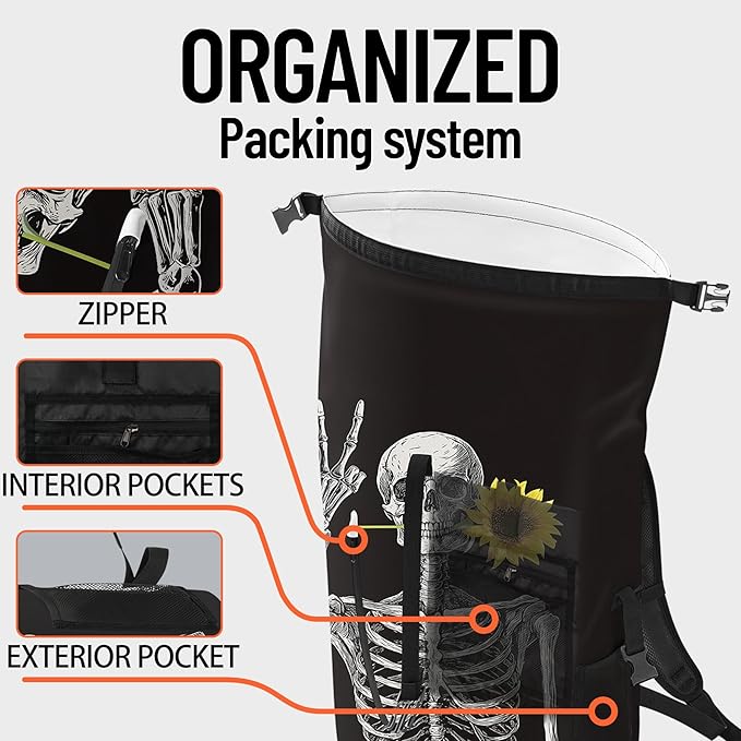 Waterproof Dry Bag Marine Dry Bags for Kayaking Hiking Skull Sunflower Black Backpack Roll-Top Closure Bag - Backpack Waterproof Phone Case 5L