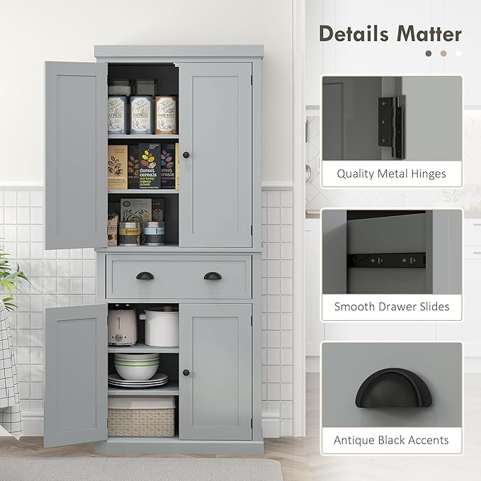 HOMCOM 72.5" Kitchen Pantry Cabinet, Traditional Freestanding Storage Cabinet with 4 Doors, Drawer and 3 Adjustable Shelves for Dining Room, Gray