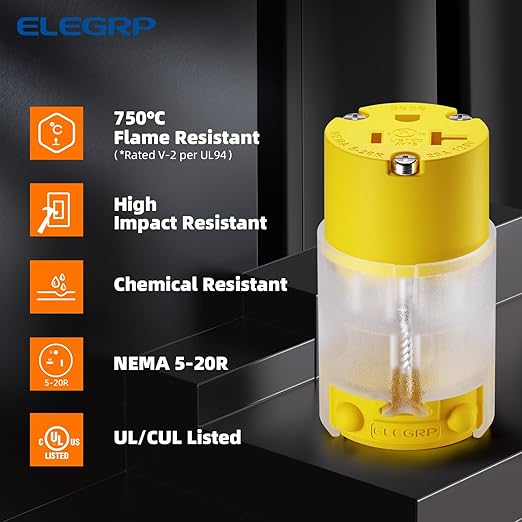 ELEGRP Lighted 20 Amp 125 Volt NEMA 5-20R 2 Pole 3 Wire Grounding Straight Blade Electrical Plug Replacement Cord Outlet Commercial Grade, Yellow, 5 Pack