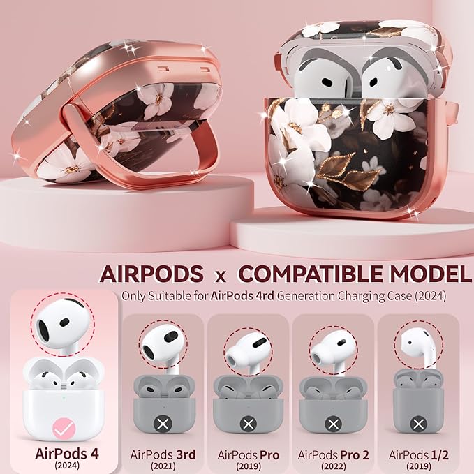 Inesore with Safety Lock for AirPods 4 Case,Clear Floral Cute AirPod 4th Generation Case for Women Girly with Cleaner Kit and Keychain-Black+Gold Black Gold Flower