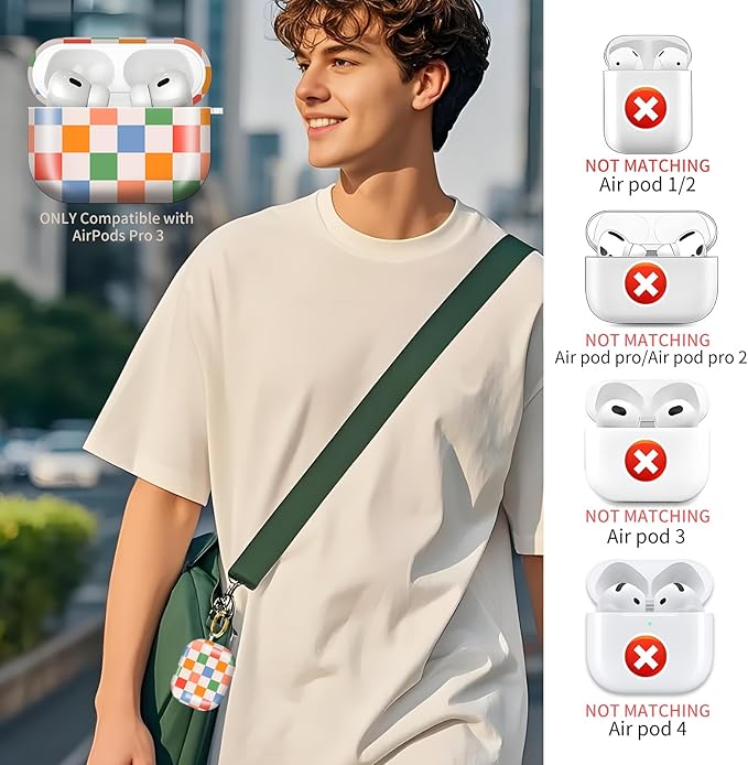 Compatible with AirPods Pro 3rd Generation 2025 Case Cover with Gold Keychain - Cute Protective Hard AirPod Pro 3 Cases for Women - Checkered Colorful