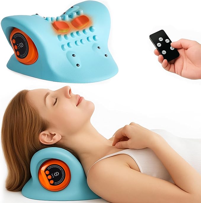 Neck Massager 2025, Neck Massager Pillow with Heat for Pain Relief, Boost Circulation,and Restore Natural Alignment, 3-in-1 Cervical Traction Device Hump Corrector,for Home Use,9 Modes (Blue)