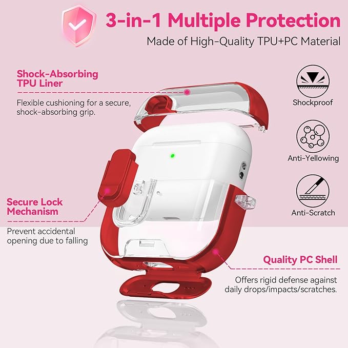 for Airpods Pro 3 Case 2025, Anti-Yellowing Clear Case for Airpods Pro 3 with Secure Lock & Phone Stand, Soft TPU Drop Protection Cover with Cleaning Kit (Red)