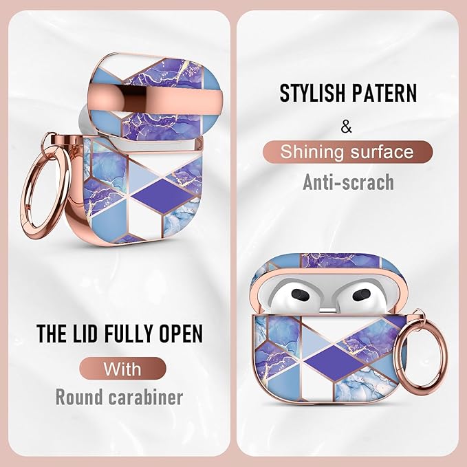 Maxjoy Graceful Marble Hard Protective Shockproof AirPods 3 Case Cover with Keychain, Compatible with Apple AirPods 3rd Generation Charging Case, Blue White