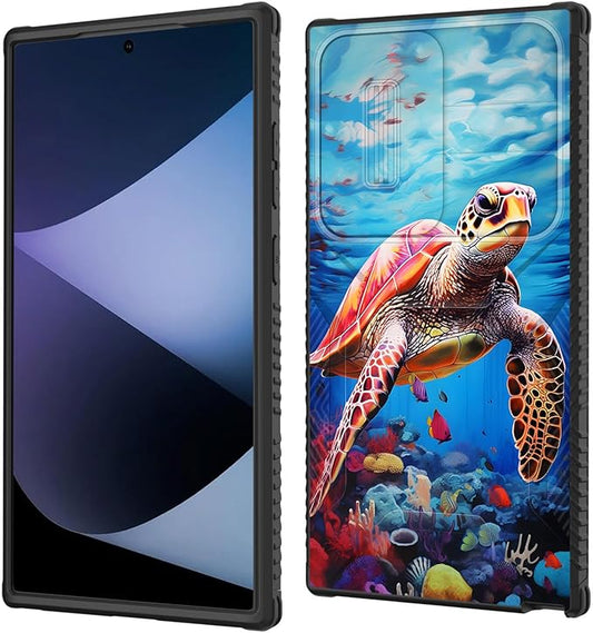 for Galaxy S26 Ultra Case Built in Slide Camera Lens Cover,Heavy Duty Shockproof Protection Dual Layer Case for Samsung Galaxy S26 Ultra 6.9" 2026,Sea Turtle Swimming Underwater