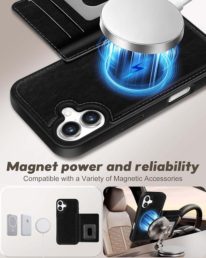 for iPhone 16 Plus Case with Wallet - Fits 4 Card Slots, Compatible with MagSafe for Women Men Aesthetic Durable PU Leather Credit Card Holder Kickstand Phone Cover for Apple 16 Plus, Black
