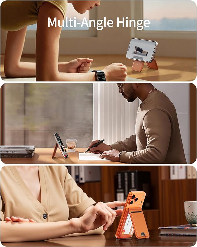 iWALK Stronger Magnetic Wallet, Upgraded for MagSafe Wallet, RFID Blocking, 5 Card Holder with Adjustable Stand, Slim Leather Phone Wallets for iPhone 17/16/15/14/13/12 Series, iPhone Wallets Orange