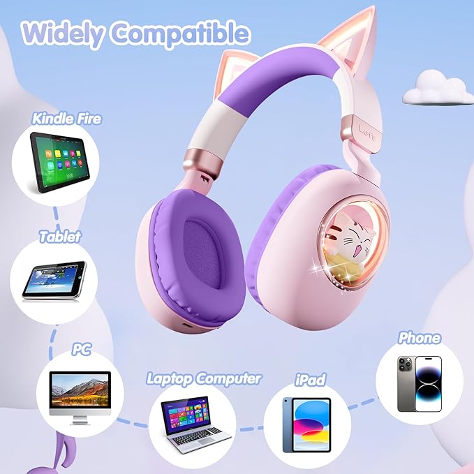 esonstyle Kids Headphones Cat Ear - Bluetooth 5.4 Over-Ear Noise Cancelling Headphones with Microphone LED Lights Up 85dB Safe Volume Limit Wireless or 3.5mm Wired USB C (Pink Purple)