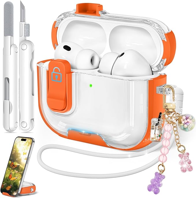 for Airpods Pro 3 Case 2025, Anti-Yellowing Clear Case for Airpods Pro 3 with Secure Lock & Phone Stand, Soft TPU Drop Protection Cover with Cleaning Kit (Orange)