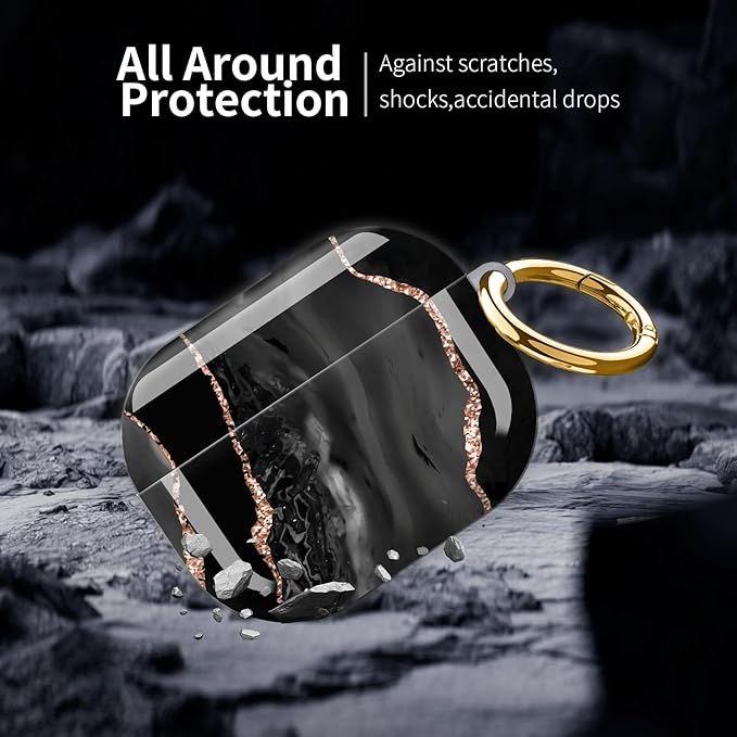 Compatible with AirPod Pro 3 (2025),Cute Case Cover for Women & Men, Full Protection Shockproof Hard Case with Keychain, Wireless Charging Case Accessories(Black Rose Gold Marble)