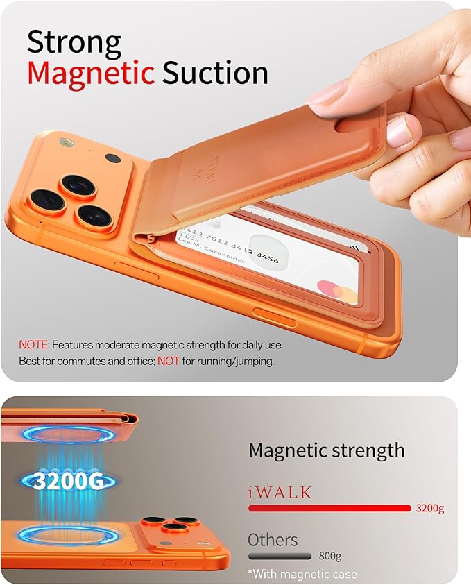 iWALK Stronger Magnetic Wallet, Upgraded for MagSafe Wallet, RFID Blocking, 5 Card Holder with Adjustable Stand, Slim Leather Phone Wallets for iPhone 17/16/15/14/13/12 Series, iPhone Wallets Orange