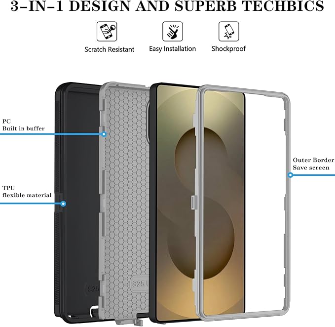 ONOLA Phone Case for Samsung Galaxy S25 Ultra Case with HD Screen Protector, Heavy Duty Shockproof & Dropproof 3-Layer Cover Phone Case for Galaxy S25 Ultra 6.9''，BlackGrey