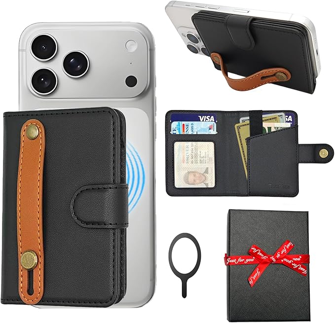 for MagSafe Phone Wallet Magnetic Card Holder for iPhone 17/16/15/14/13/12/Pro/Max/Plus,RFID Blocking Strong Magnet Wallets for MagSafe Phones and Cases,Hold 5 Cards,Strap Stand Leather Black
