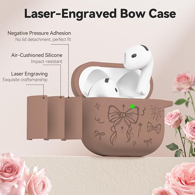 for Airpods 4 Case Cover, Joremx Cute Bow Engraved Silicone Protective Case Cover with Keychain, Cleaner Kit for AirPods 4th Generation Case 2024 (Light Brown)