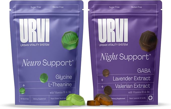 URVI® Wind Down Set: Neuro + Night Support Gummies – GABA, L-Theanine, Glycine, Valerian, Lavender, Vitamins B1 & B6 – Stress Relief & Sleep Aid - No Melatonin & Sugar-Free