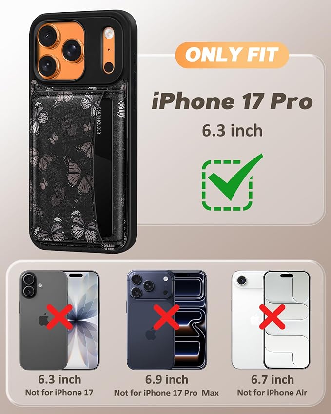 for iPhone 17 Pro Case with Wallet - Fits 4 Card Slots,Compatible with MagSafe for Women Aesthetic Durable PU Leather Credit Card Holder Kickstand Phone Cover for Apple 17 Pro, Black Butterfly