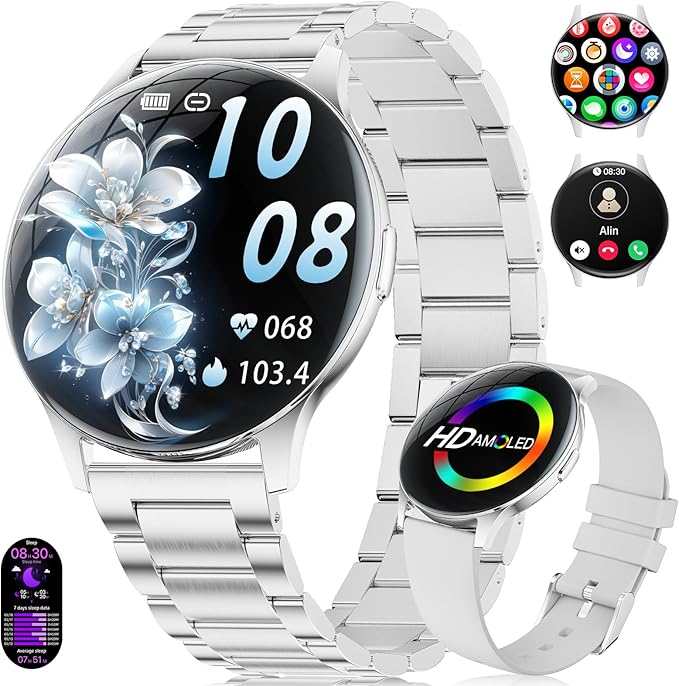 LIGE Smart Watches for Women, Call/Reminders, 1.43" AMOLED Ultra-Thin Activity Trackers with Heart Rate/Sleep/SpO2 Monitor, 100+ Sports Modes Fitness Watch for iOS Android, Silver Steel