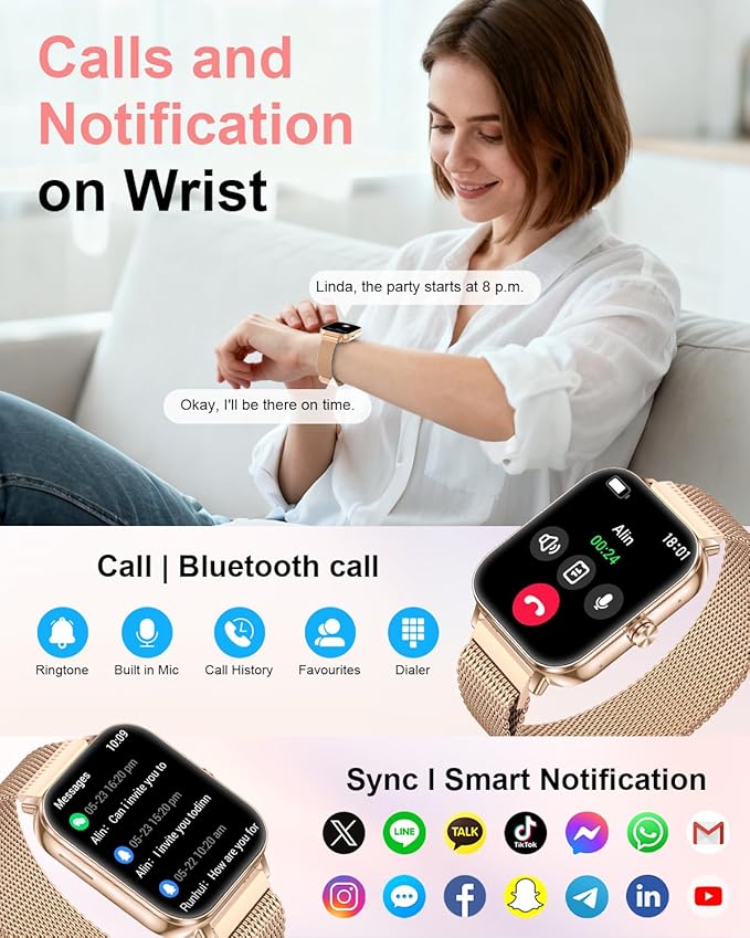 Smart Watches for Women,1.85'' HD Smartwatch with 30 Day+Battery Life Make/Answer Calls,Heart Rate/SpO2/Sleep Monitor, 120+ Sports IP68 Fitness Tracker for Android iOS(1000mAh,4 Bands,Rose Gold)