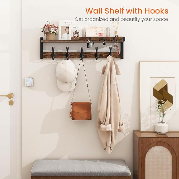 Homode Coat Rack Wall Mount with Shelf, Entryway Coat Hanger with Key Hooks and Mail Holder, 29 Inch Wood Floating Shelf with Hooks and Storage, Key Holder Mail Organizer, Rustic Brown