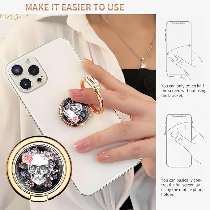 Cell Phone Ring Holder, Cute Metal Phone Grip Stand Finger Ring Kickstand, Flexible 360°Rotation Phone Tablet Case Accessories Compatible with Most Phones Cool Flower Skulls