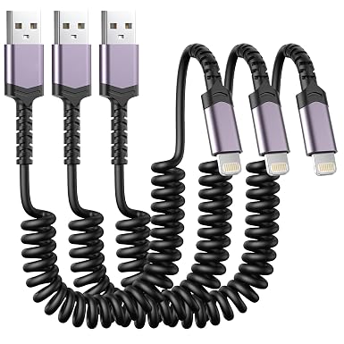 3 Pack Coiled Lightning Cable for Car [MFi Certified] Retractable iPhone Charger Apple CarPlay USB to Lightning Cord Fast Charging for iPhone 14 13 12 11 Pro Max Mini XR XS 8 SE