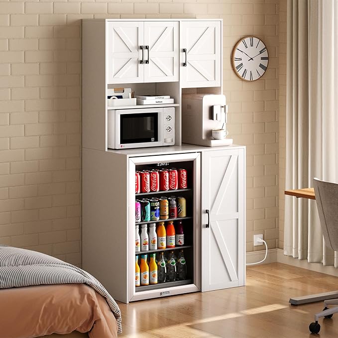 Mini Fridge Cabinet with Storage, Coffee Bar Cabinet with Mini Fridge Space and Outlet, Wine Bar Stand with Microwave Shelf, Beverage Station for Kitchen, Dorm, Office White KH02MRW