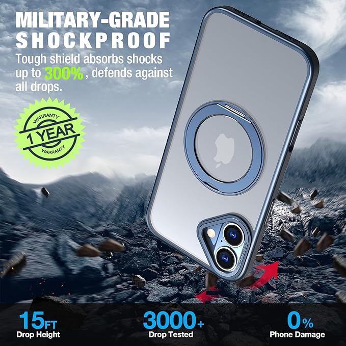 for iPhone 16 Case with Screen Protector & Lens Protector [15 FT Military Drop Protection] Magnetic Kickstand Compatible with MagSafe Slim Translucent Case (Navy Blue)