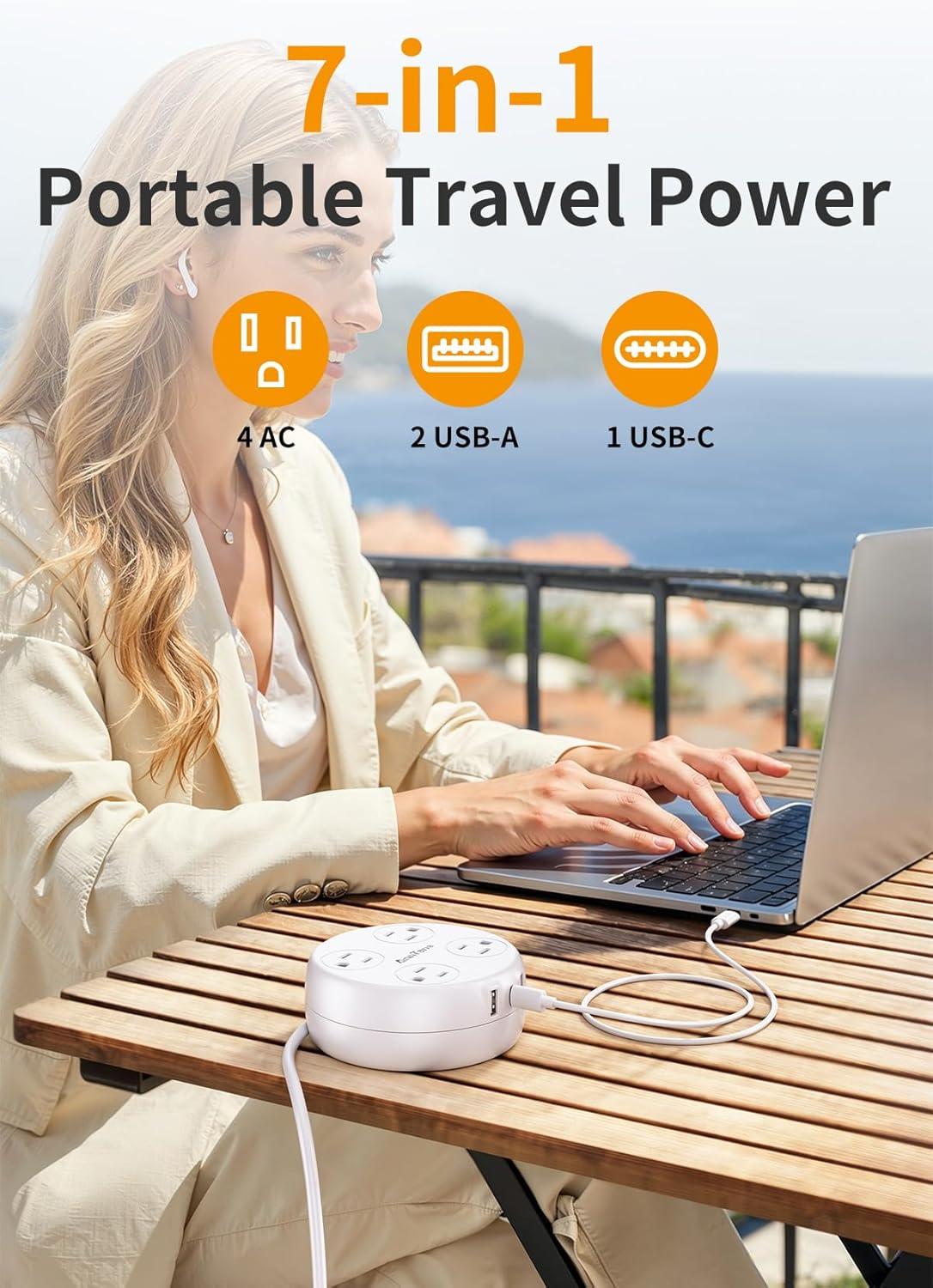 UK Travel Plug Adapter with Retractable Power Strip – 4 AC Outlets & 3 USB Ports (USB-C) | Techloop Living