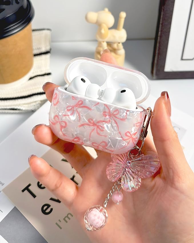 Compatible with AirPods Pro 3 Case Cute, Shell Pattern Shockproof Protective Cover for Girls Women with Butterfly Keychain Designed for AirPod Pro 3rd Generation(2025), Pink Bow