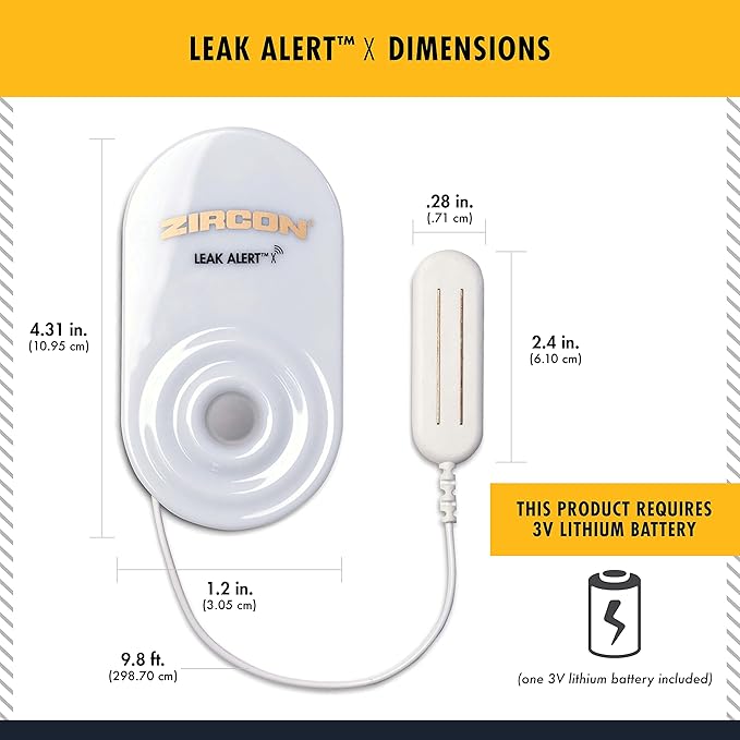Zircon Leak Alert X – Smart Electronic Water Detector with 9.8 ft Cable – Email, Audio, & Visual Alerts, Battery Included,White