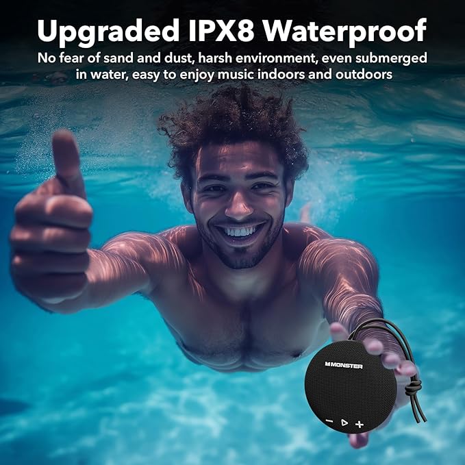 Monster Bluetooth Speaker, IPX8 Shower Speaker Waterproof, Bluetooth 5.4 with Loud HD Sound and Robust Bass, Extra Long Playtime Punchy, for Home, Beaches Portable Wireless Outdoor Speakers