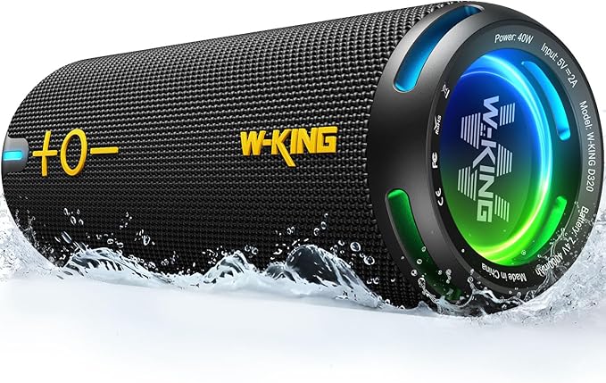 W-KING D320 40W Bluetooth Speaker, IPX7 Waterproof Portable Speaker with Dual Voice Coil, Customized EQ APP, 360 Sound, Party Lights, V5.3, TF/AUX, Black