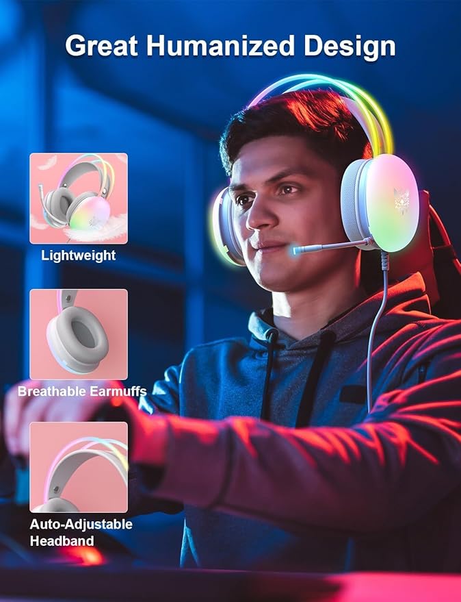 PC Gaming Headset with Microphone, Wired RGB LED Noise Cancel Gamer Headphones for PS4/PS5/MAC/LAPTOP, 3.5mm Over Ear Headphone 7.1 Surround Sound for Kids Adult Teens