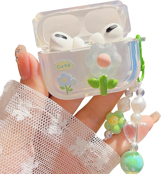 Cute Airpod Pro 2 / Airpod Pro Case 3D Flower with Keychain Clear Hard TPU Protective Cover Compatible with AirPods Pro 2nd/1st Generation Case for Girls Women (Floral Green)