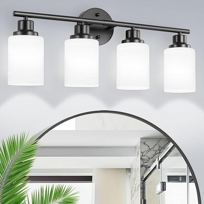 4-Light Bathroom Light Fixtures, Black Vanity Lights for Mirror with Textured Milky White Glass Shade, Modern Kitchen Light Fixtures Wall Sconce Light - E26 Base