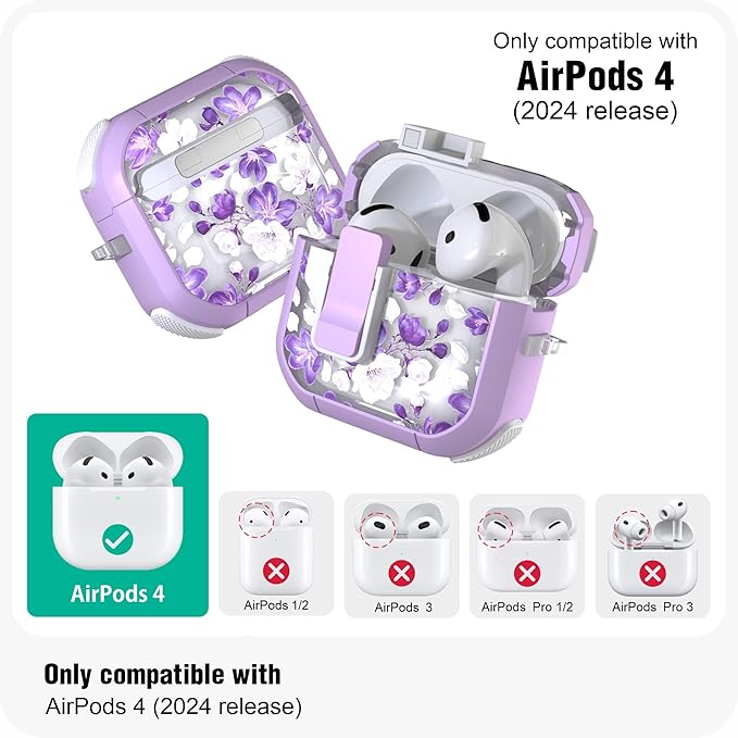 WENEW Case for AirPods 4th Case Cover Secure Lock Automatic Snap Switch Clip Cleaner Kit Lanyard Women Stylish Flower Armour Hard Shell Full Body Front LED Visible (Purple Flower, AirPods 4th)