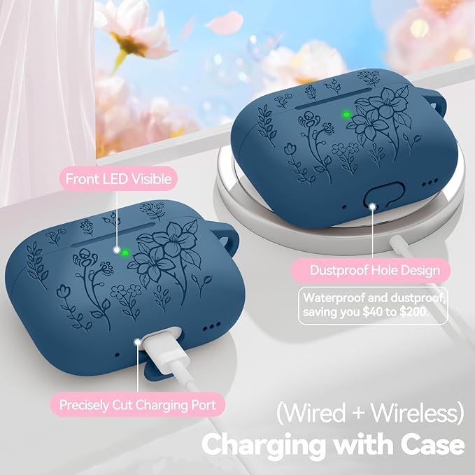 for Airpods Pro 3 Case, Flower Engraved Case Cover Compatible with AirPods Pro 3rd Generation 2025, Soft Silicone Cases with Cute Keychain & Cleaner for Women Girly, Shockproof