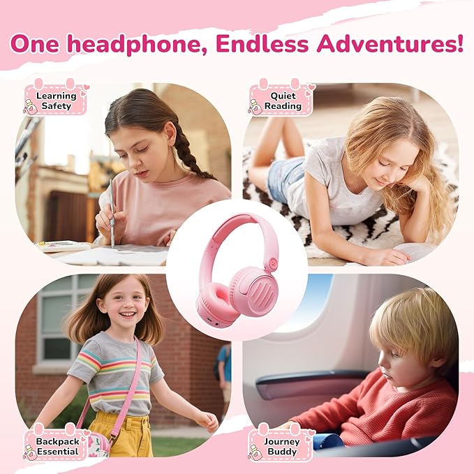 Kids Bluetooth Headphones Wireless On-Ear with USB-C Fast Charge,Microphone & 85dB Volume Limiter,Foldable Lightweight Toddler Headphones with AUX for School Travel (Pink)