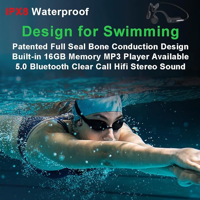 AYI Professional Swim Headphones True Bone Conduction Open Ear Headset Underwater MP3 Player Built-in 32G Memory IP68 Waterproof Bluetooth Earphone for Driving Bicycling Running Skiing-X6 Black