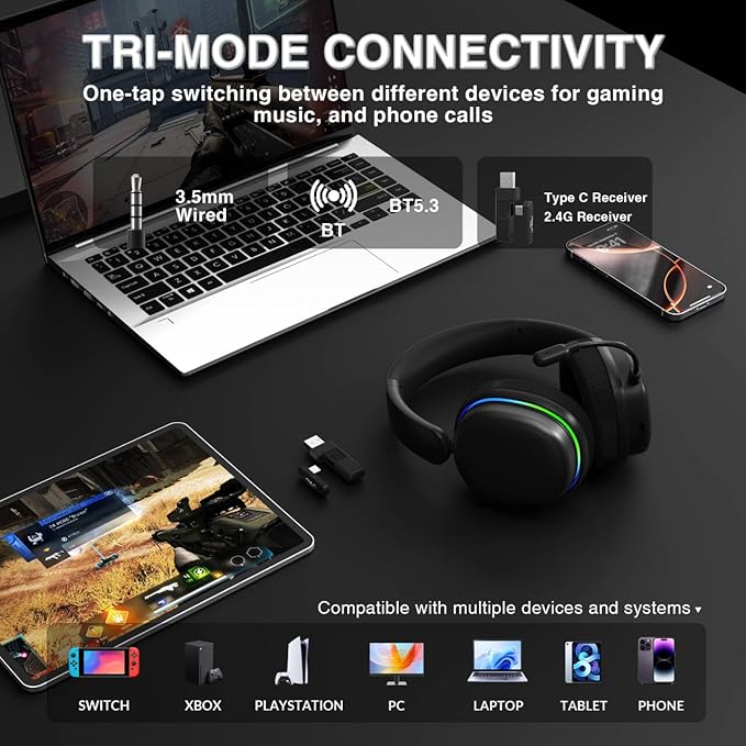 AULA G7 Pro Wireless Gaming Headset with 7.1 Surround Sound, 40mm Driver, BT5.3 Gaming Headphones with Mic, RGB, 10ms Latency, 65H Battery, PC Gaming Headset for PS5,PS4, Switch,Xbox,PC,Phone, Mac