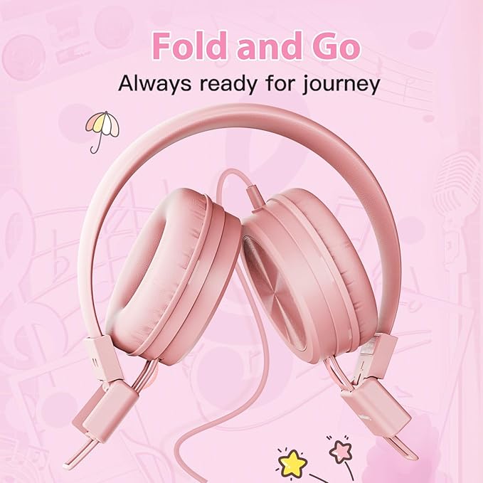 USB Type C Kids Headphones for School, 94dB Volume Limited, Kids Headphones with USB C Cord, HD Stereo Sound, Foldable Lightweight On-Ear USB-C Wired Headphones for Boys/Girls, Light Pink