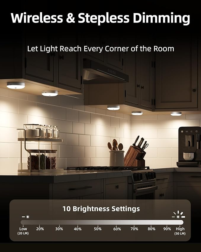 EZVALO Under Cabinet Lighting with Charging Station,1000mAh Rechargeable Puck Lights with Remote, 3 Color Temps & 12 RGB Closet Lights, Dimmable Motion Sensor Lights for Shelf, Kitchen (6 Packs)