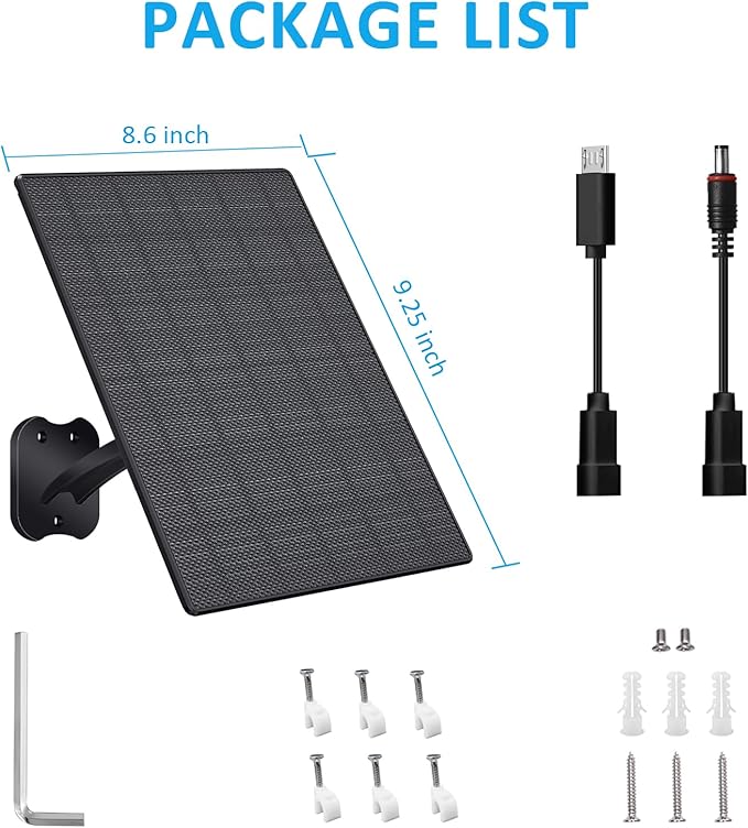 10W Solar Panel for Security Cameras, 5V Outdoor Camera Solar Panel with USB-C Cable, DC 5.5x2.1mm & Micro USB Port, IP66 Waterproof with Adjustable Mount & 10FT Cable