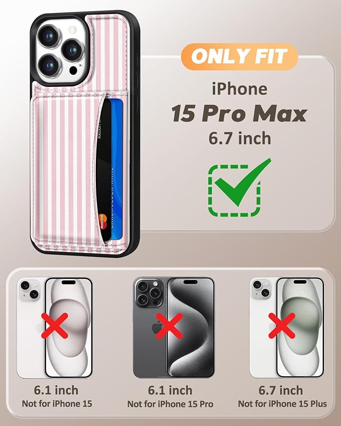 for iPhone 15 Pro Max Case with Wallet - Fits 4 Card Slots, Compatible with MagSafe for Women Aesthetic Durable PU Leather Credit Card Holder Kickstand Phone Cover for Apple 15 Promax, Stripe