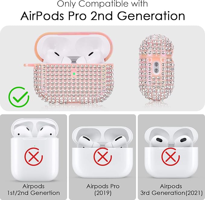Case for AirPods Pro 2nd Generation, Filoto Cute AirPod Pro 2 Protective Case Cover for Women Girls, Bling Crystal PC Apple Air Pods Pro Cases Accessories with Lobster Clasp Keychain, Pink