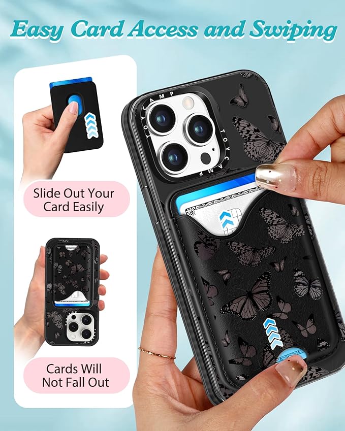 Toycamp for iPhone 13 Pro Case - Compatible with Magsafe Credit Card Holder Wallet Magnetic Cute Women Teen Girls Kawaii Girly Unique Black Butterfly Design Phone Cover for iPhone 13 Pro